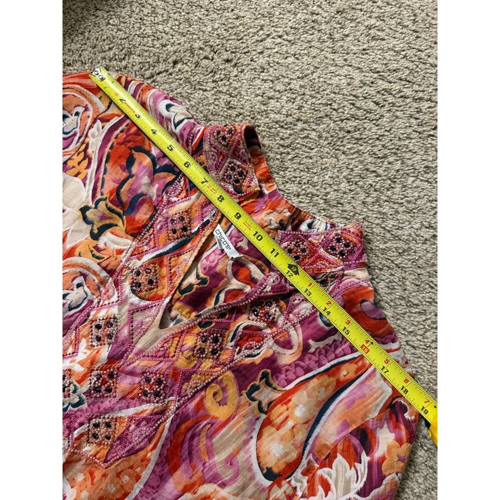 Chicos Tunic Top boho blouse Beaded Paisley Print Women Size L - Picture 7 of 13
